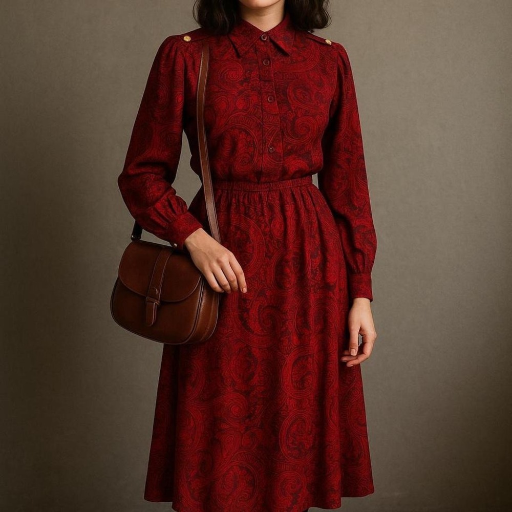 California Girls Vintage Red‎ Paisley Midi Dress w/ Gold Buttons – Size 4